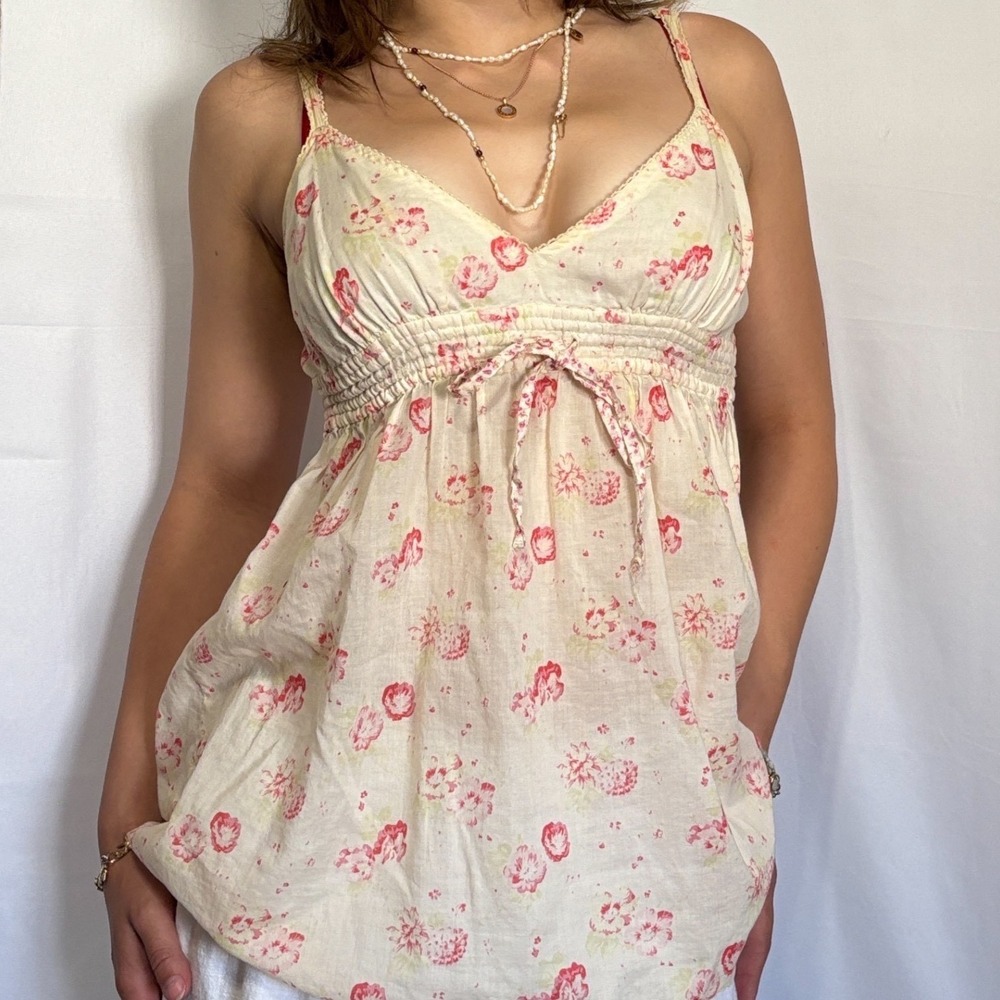 GAP Vintage Y2k cream flowy babydoll tank top with pink floral design all over